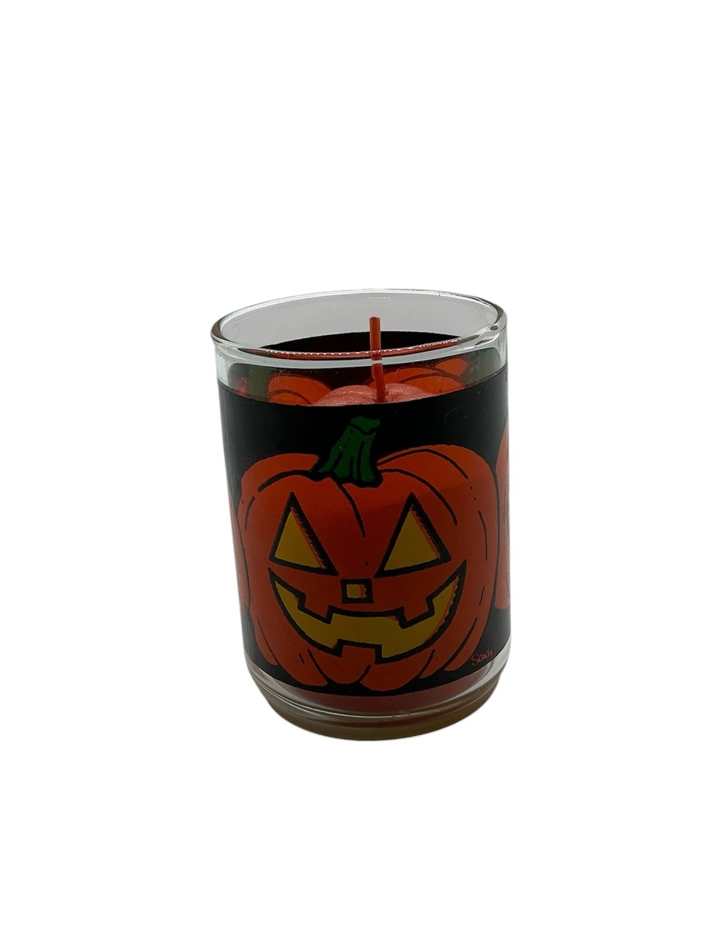 Vtg Halloween Indiana Glass Votive With Orange Candle Pumpkin Jack O Lantern
